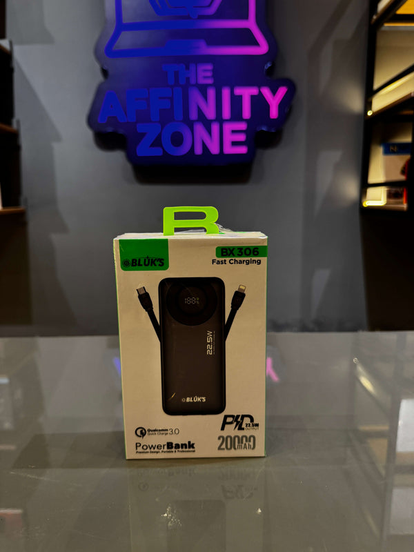 Bluk's BX-306 20000mAh Power Bank – 22.5W PD Fast Charging with Built-In Cables